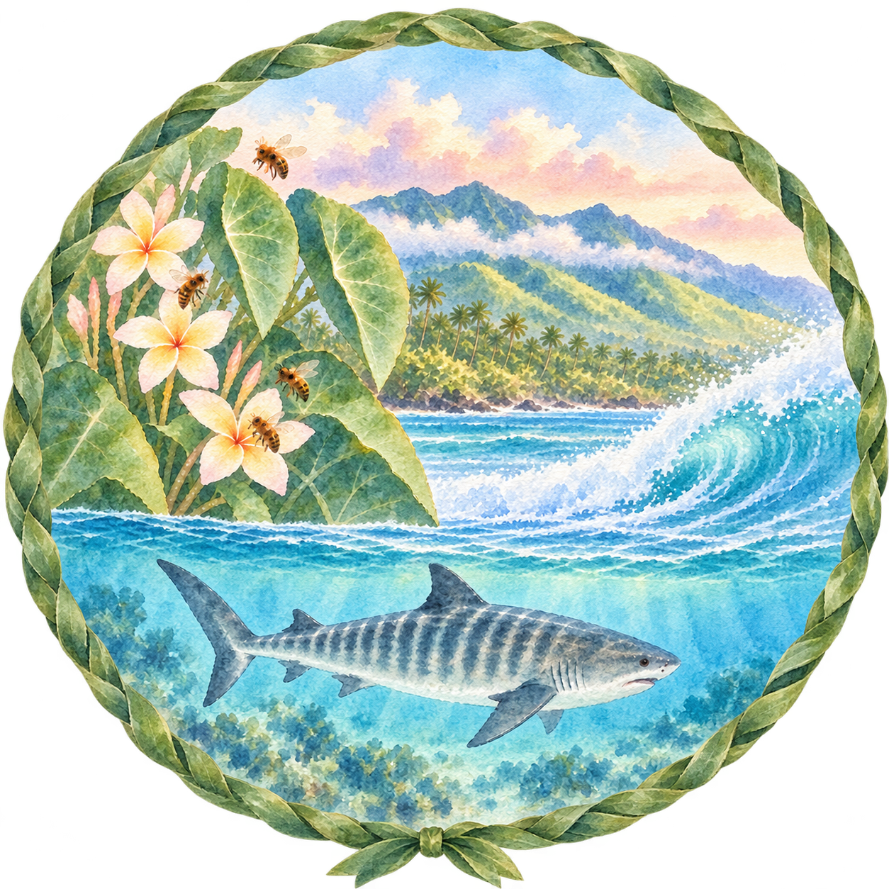 Maui watercolor logo framed by a braided ti-leaf rope, with an ocean wave, tiger shark, and tropical flowers